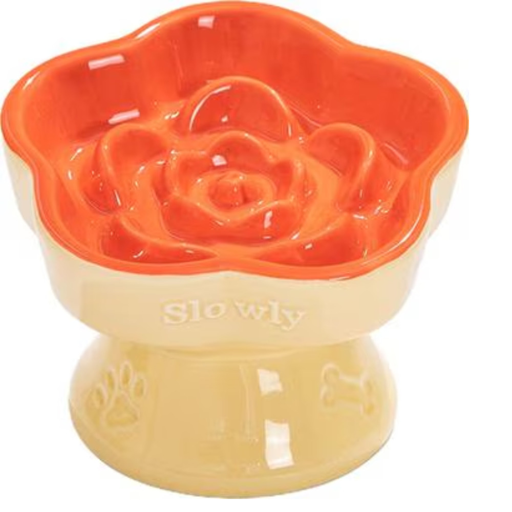 Raised Slow Feeder Dog Cat Food Bowl for Small Pets Orange Tilted Ceramic Dish